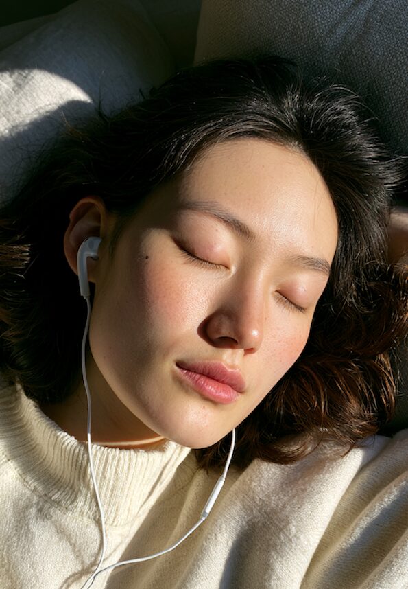 Woman with her eyes closed resting in morning sunlight, listening to NeuGlow through earphones