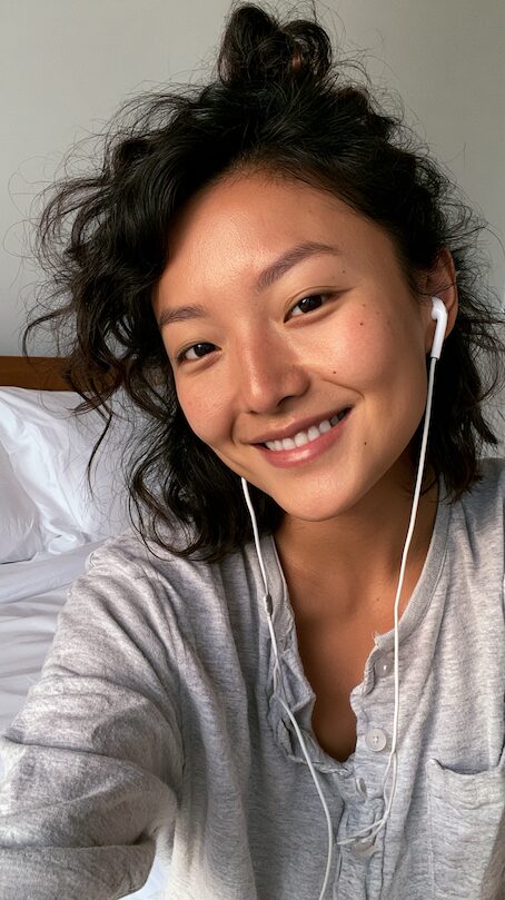 Smiling woman in a grey top wearing earphones