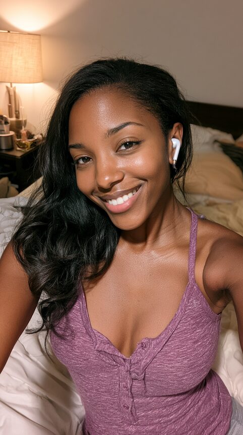 Smiling woman in a mauve top wearing an earbud