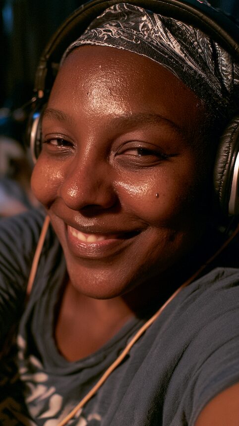 Smiling woman in a headband wearing headphones